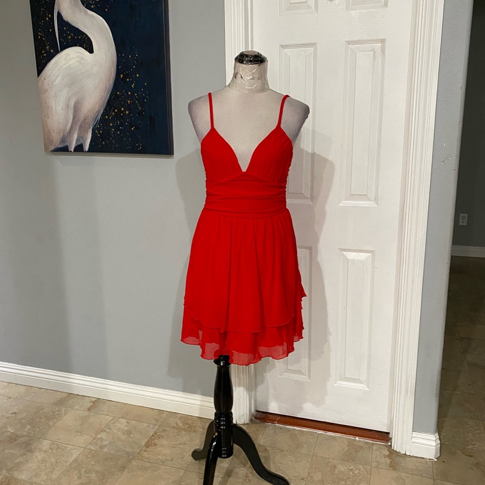 Women Large Red mesh sleeveless ruched spaghetti strap flowy mini dress v-neck